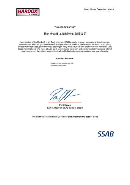 Cina JISAN HEAVY INDUSTRY LTD Sertifikasi